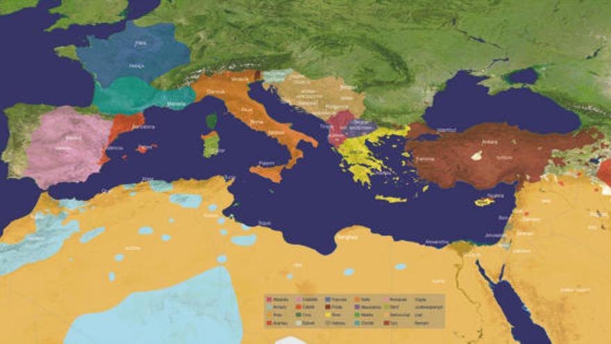 Mapa de las lenguas territoriales de la cuenca mediterránea que forma parte de la exposición.