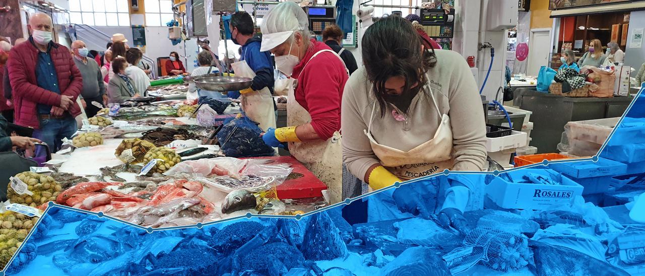 Imagen de fondo: puesto de pescado y marisco en el mercado del Calvario