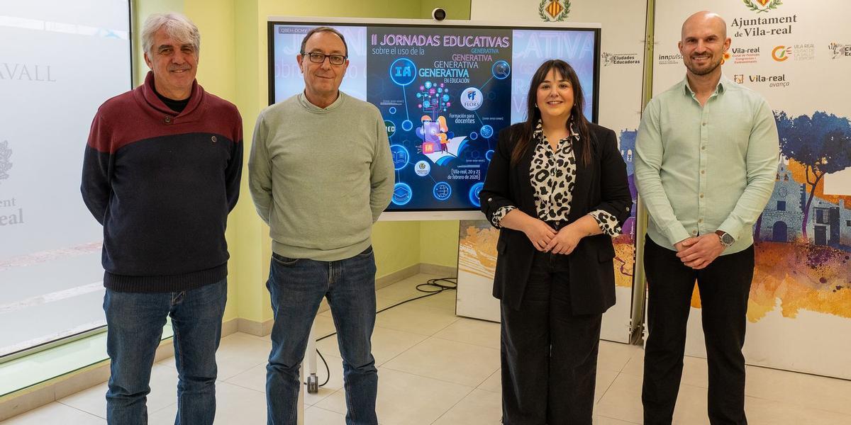 Representantes del Ayuntamiento de Vila-real, del colegio Fundación Flors y de la UNED en Vila-real han presentado este martes las jornadas.