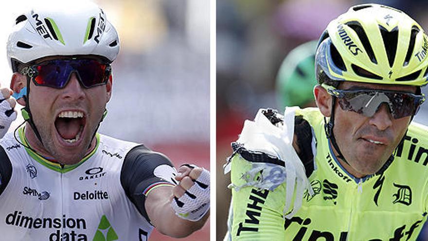 Cavendish, ganador de la etapa, y Contador, con el maillot roto.