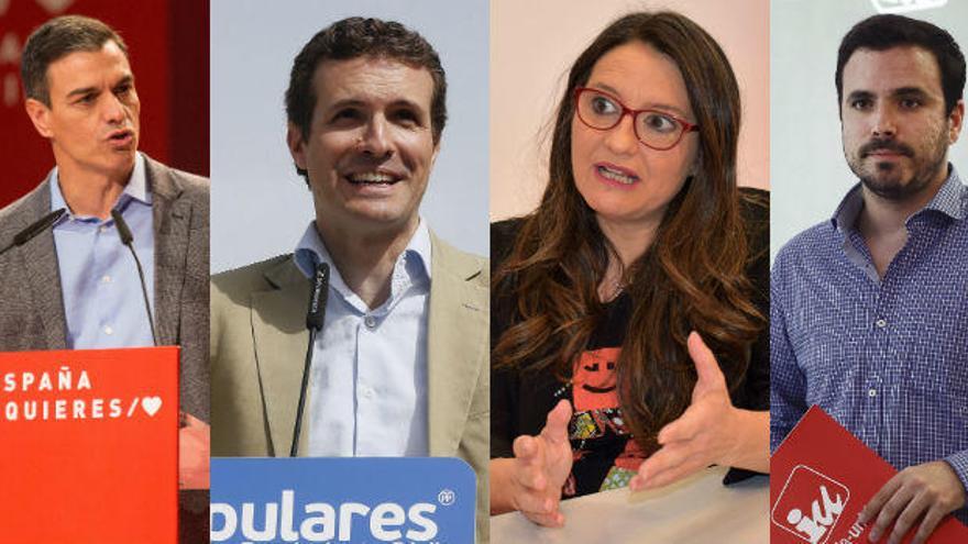 De izquierda a derecha: Pedro Sánchez (PSOE), Pablo Casado (PP), Mónica Mollà (Compromís) y Alberto Garzón (EU)