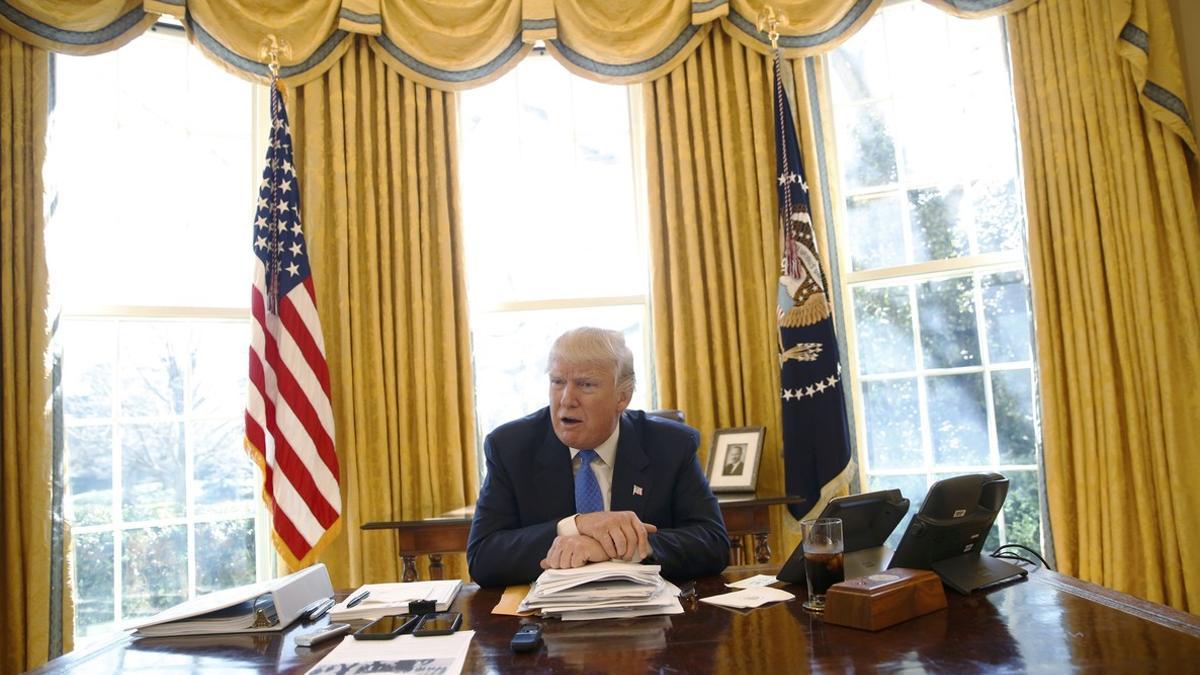 U.S. President Trump is interviewed in the Oval Office at the White House in Washington