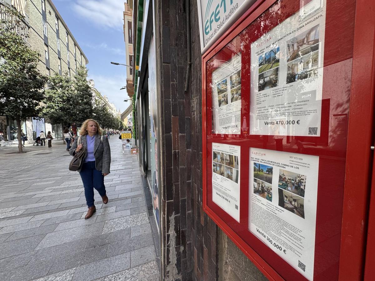 Carteles en una inmobiliaria de Córdoba de pisos y vivienda en venta