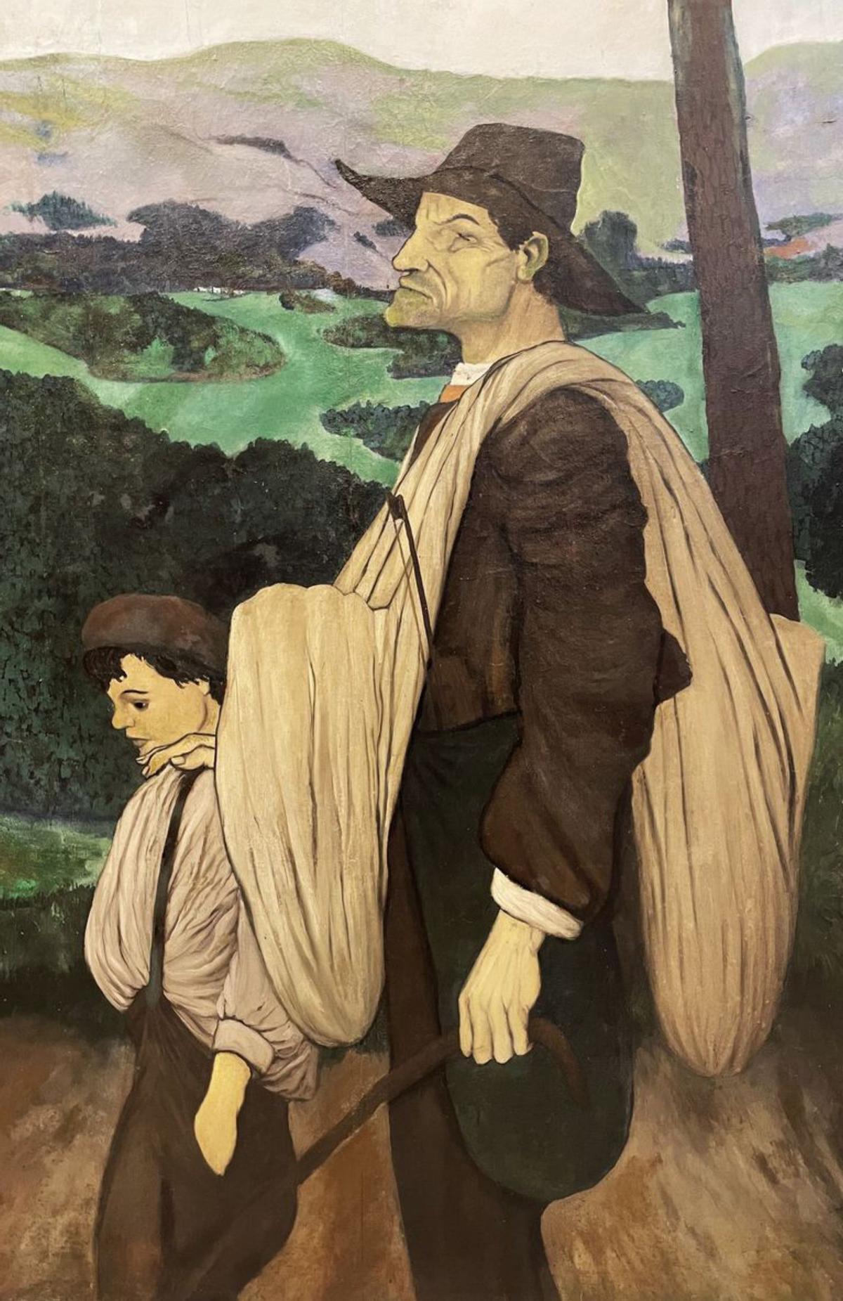 Arriba: detalle dun cego co seu lazarillo. Abaixo: outro dos óleos realizados  por Castelao para  o Balneario  de Mondariz.