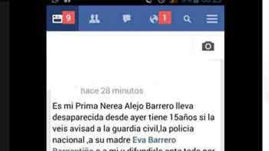 Alerta en Facebook para buscar a Nerea A. B.  Foto L. O. Z.