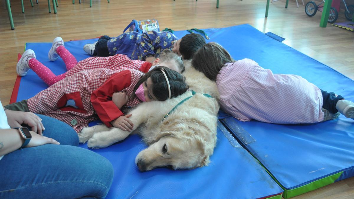 Los niños de Romariz durante la clase con la perra &quot;Uma&quot;. / FdV