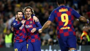 Messi, Suárez y Griezmann celebrando uno de los tantos del tridente