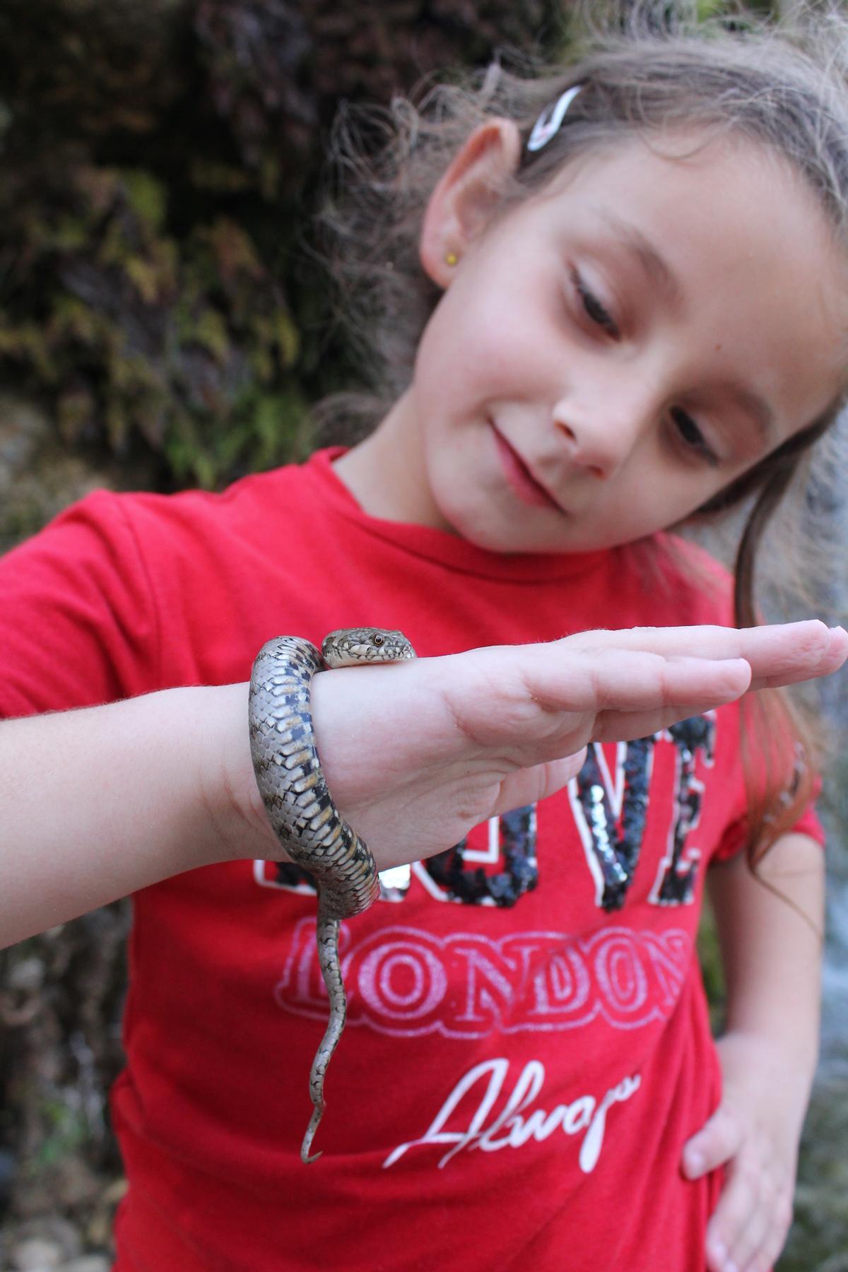 Triana Rico con una serpiente viperina en la rambla de Puça.