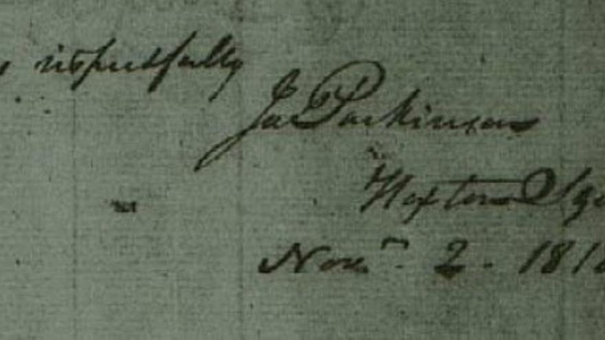 Firma de James Parkinson en una carta de 1818 al Sr. Percival, tal y como se conserva en los Archivos de la Sociedad Histórica Natural y Arqueológica de Wiltshire