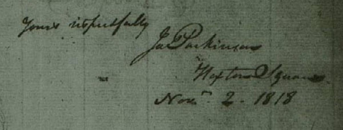 Firma de James Parkinson en una carta de 1818 al Sr. Percival, tal y como se conserva en los Archivos de la Sociedad Histórica Natural y Arqueológica de Wiltshire