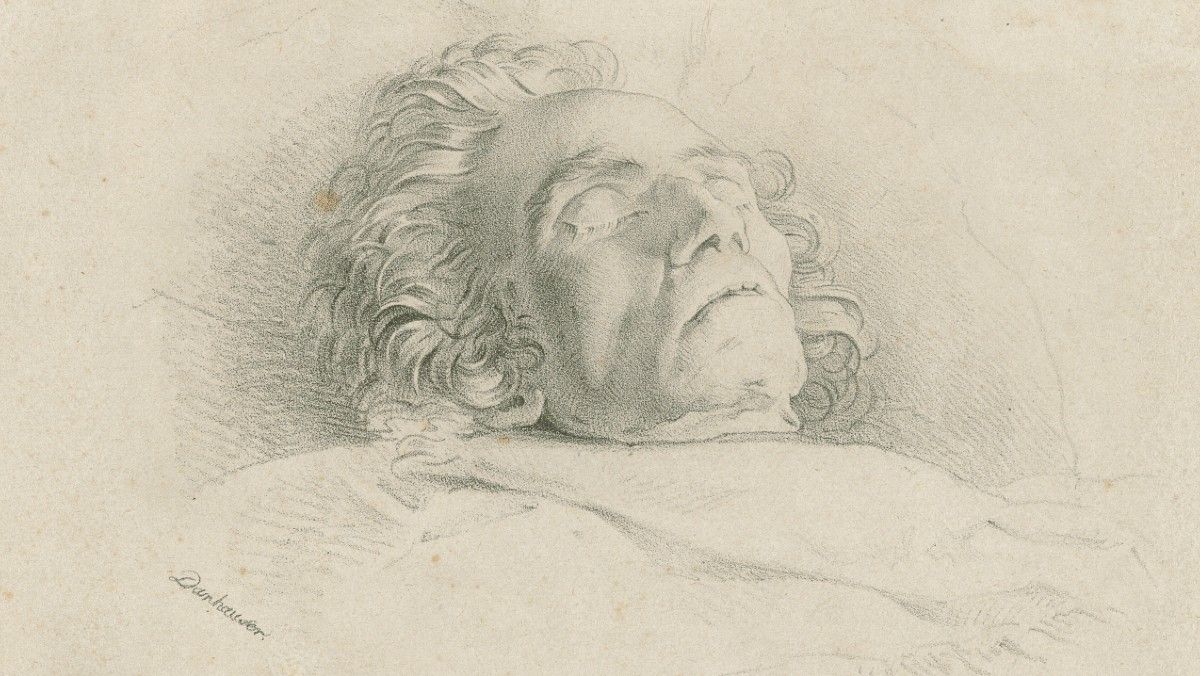 Retrato de Ludwig van Beethoven en su lecho de muerte.