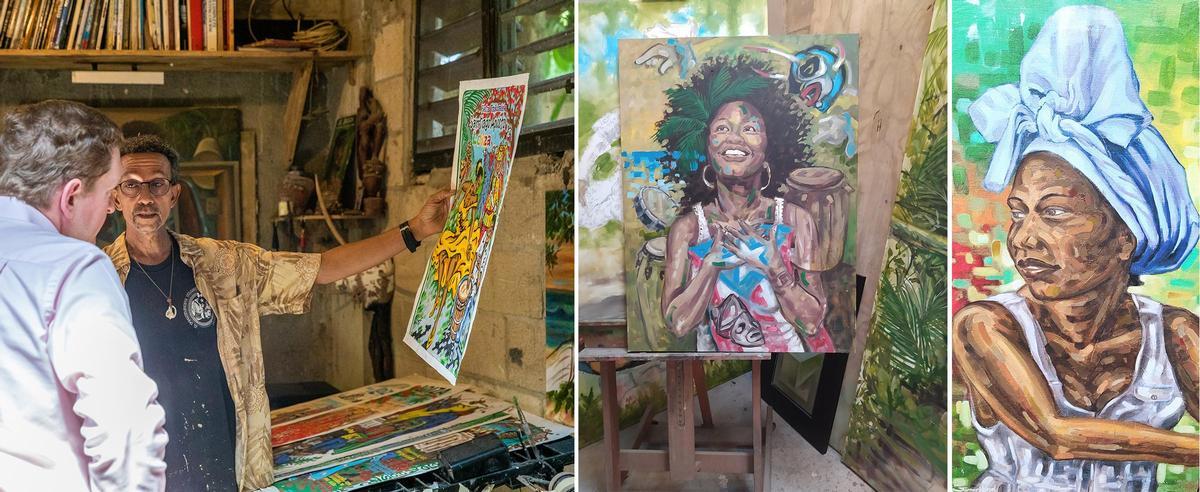 El artista Samuel Lind junto a algunas de sus obras en su casa-taller de Loíza