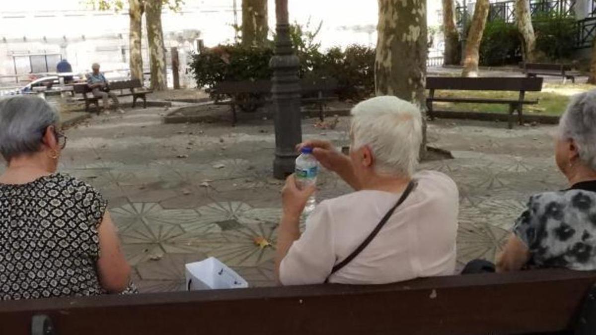 Personas mayores buscando refugio a la sombra en el parque de A Ponte, en plena ola de calor en Ourense.