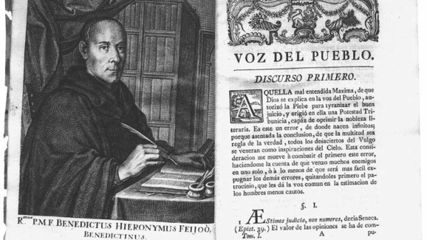 Página del Teatro Crítico Universal, con un retrato  del Padre Feijoo // Biblioteca Virtual Miguel de Cervantes