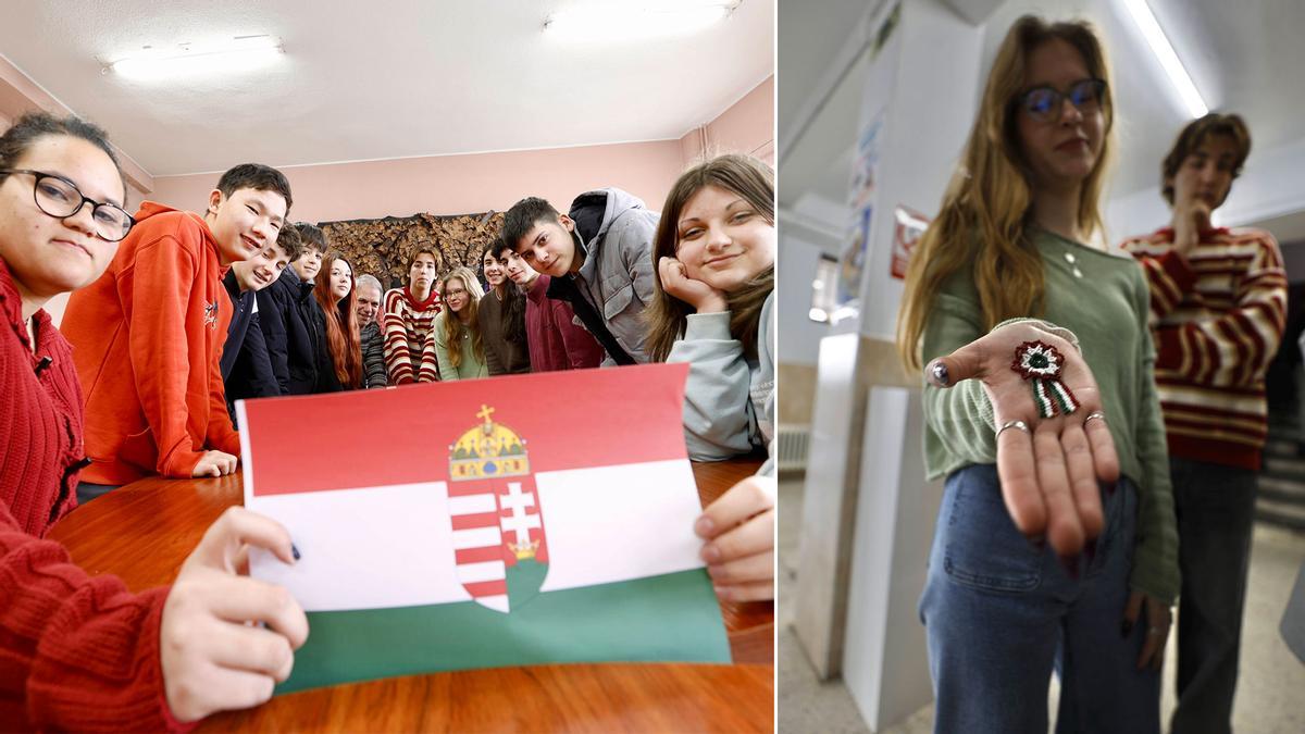 Pela manzorga, Fraciska Castillo, Francisco Tsuen Delgado, Aitor García, Héctor Cuesta, Iris Hernández, Daniel Sánchez, Gábor Czanka, Korina Ga’briel, Paula Fernández, Javier Montilla, Eneko Ferreiro y Judith Plaiesanu. Y a la mandrecha, Korina Ga’briel amuesa un broche tradicional húngaru.