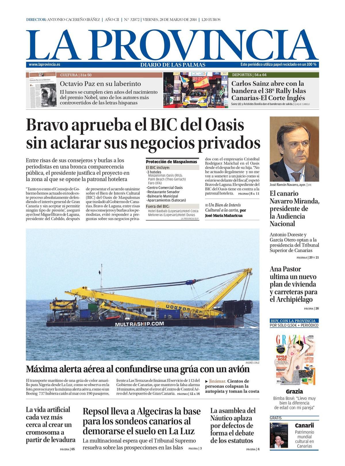 Imagen de la portada de LA PROVINCIA/DLP del 28 de marzo de 2014.