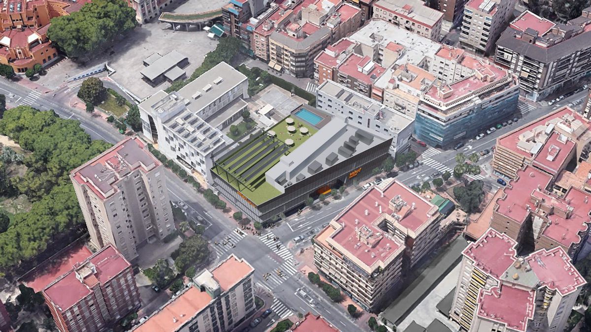 Recreación del nuevo gimnasio Enjoy en Murcia, en vista aérea