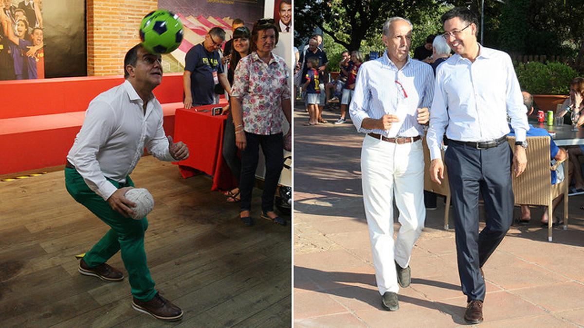 Joan Laporta juega con un balón en su sede electoral (foto de la izquierda) y Josep Maria Bartomeu charla con el jefe de prensa de su campaña, Carlos Martín, en el Club Esportiu Laietà.