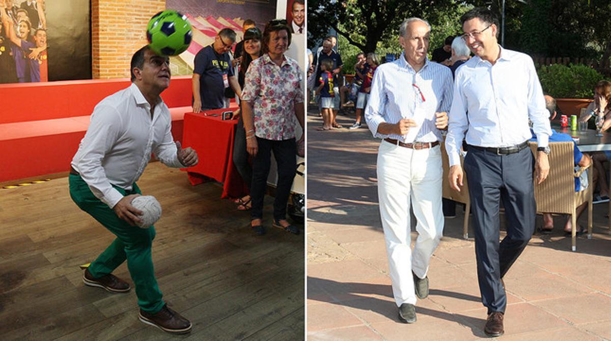 Joan Laporta juga amb una pilota a la seva seu electoral (foto de l’esquerra) i Josep Maria Bartomeu parla amb el cap de premsa de la seva campanya, Carlos Martín, al Club Esportiu Laietà.