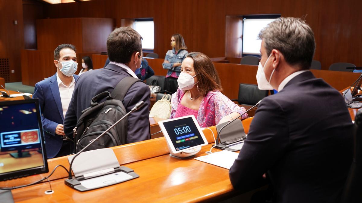 La proponente Carmen Susín charla con otros diputados antes del comienzo de la Comisión de Hacienda.