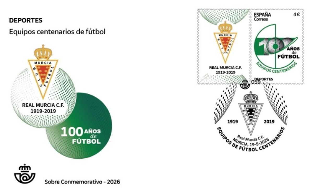 Imagen del sello y el matasellos especial dedicado al Real Murcia