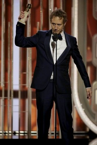 Nemes reacts after "Son of Saul" won the Best Motion Picture, Foreign Language, at the 73rd Golden Globe Awards in Beverly Hills