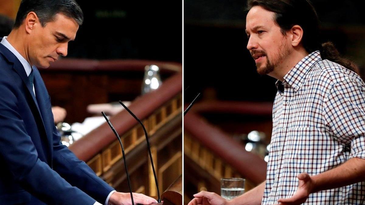 Dos imágenes de Pedro Sánchez y Pablo Iglesias, en la tribuna del Congreso, el día de la investidura fallida.