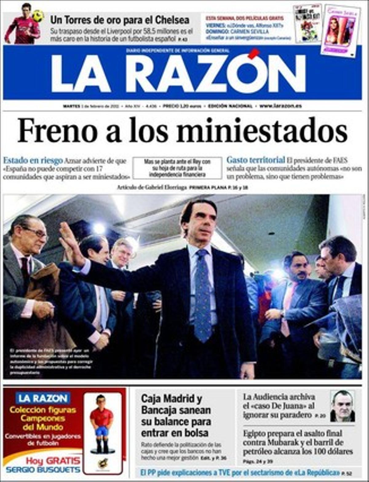 ’La Razón’ destaca a més que l’Exèrcit només podrà oferir 250 places de soldat el 2011 a causa de la crisi i que el Tribunal Suprem estableix que no es pot gravar la casa del veí.