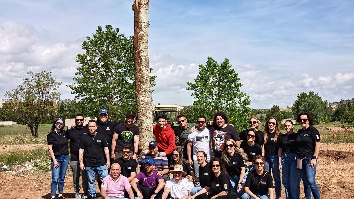 Los participantes en la fiesta izan el "Mayo" en Villabuena del Puente.