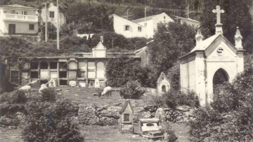 Imagen de la década de 1960 del cementerio, ya ensemiabandono [en el centro se puede ver a algunas ovejas pastando]. A la derecha está el panteón de la familia Domínguez Búa, que aún sigue en pie. // S.Reis