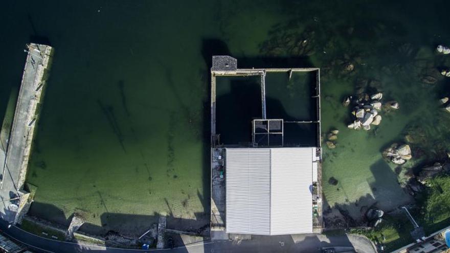 Piscifactoría Palmeira Stolt Sea Farm (Ribeira). Construcción dedicada a la cría de rodaballo, lenguado, esturión y caviar. Las piscinas para los peces se cierran en el mar, mientras que la nave que completa las instalaciones se levanta anexa sobre una plataforma en el borde.  | DAVID GARCÍA-LOUZAO