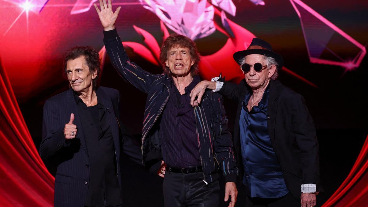 Mick Jagger, Keith Richards y Roonie Wood durante el acto de presentación de su nuevo álbum, 'Hackney Diamonds'. d
