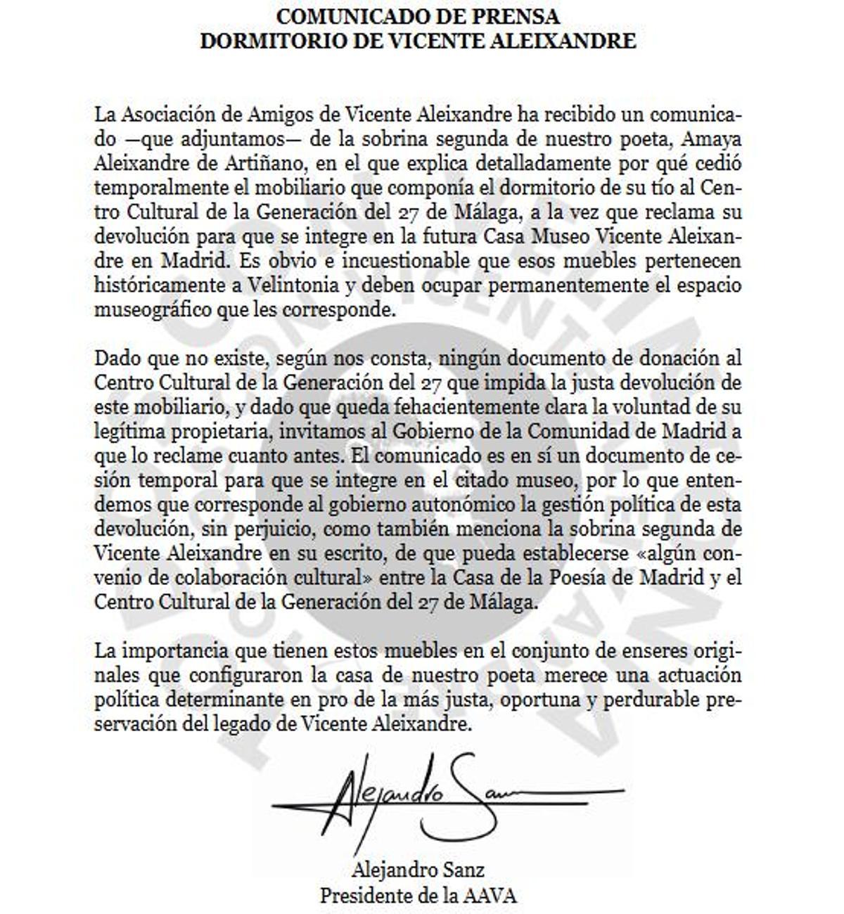 La Asociación de Amigos de Vicente Aleixandre pide que los muebles del dormitorio regresen a Velintonia para formar parte del futuro espacio museográfico.