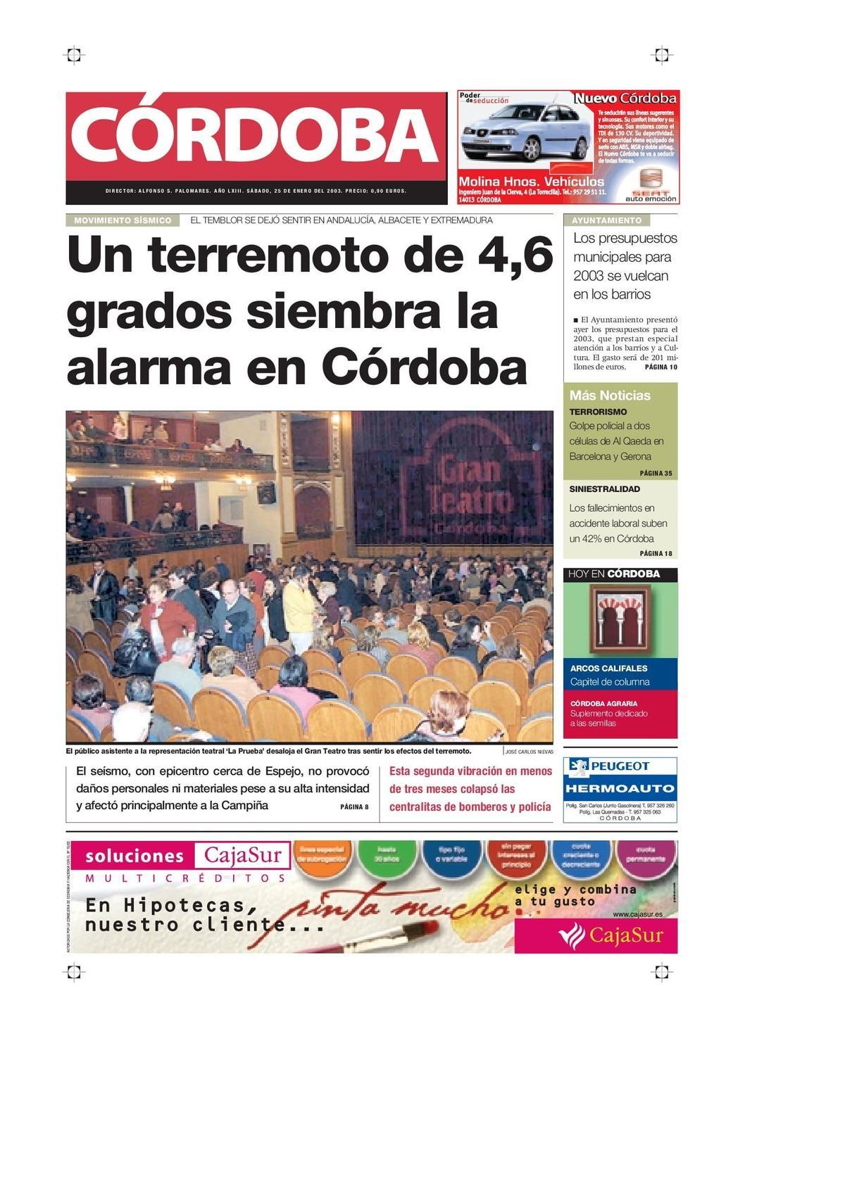Portada de Diario CÓRDOBA la jornada posterior al terremoto.