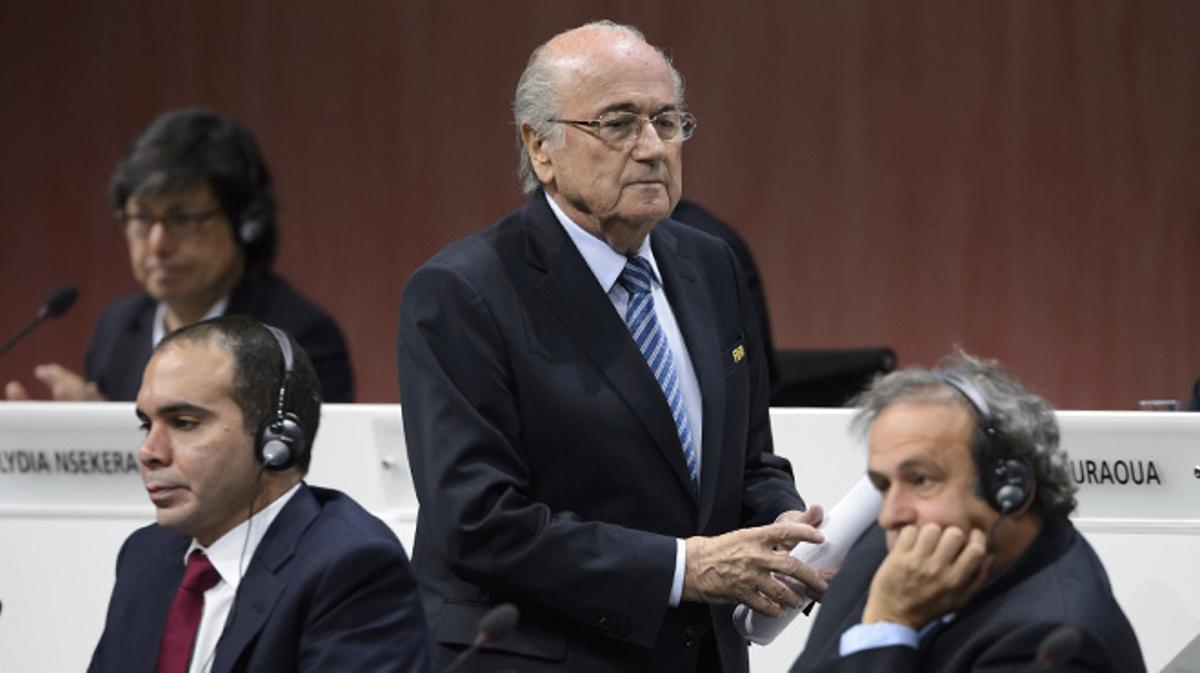 Blatter, al finalizar su discurso de este viernes en el 65º Congreso de la FIFA.