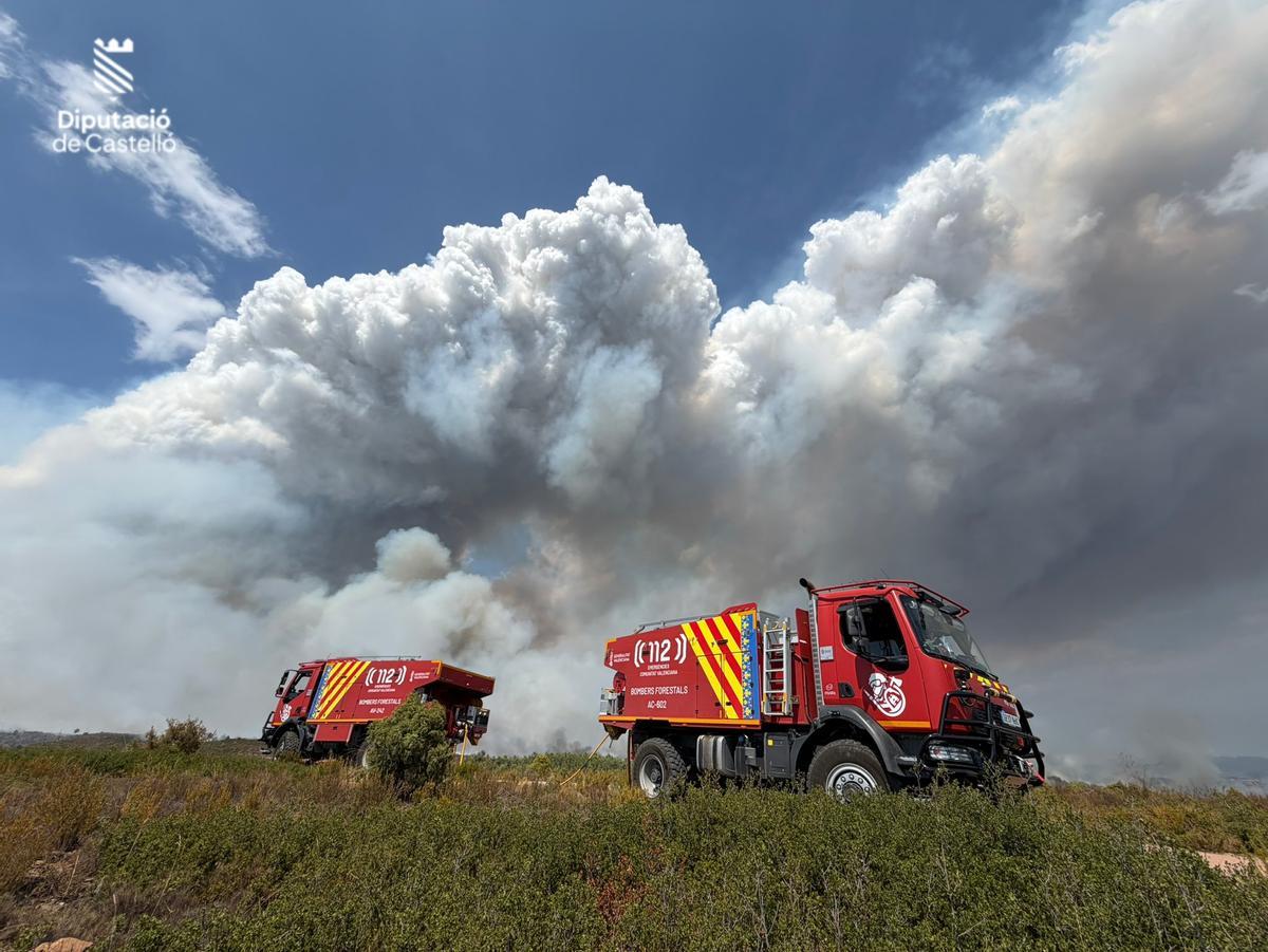 Imagen del Consorcio Provincial de Bomberos trabajando con una columna de humo al fondo.
