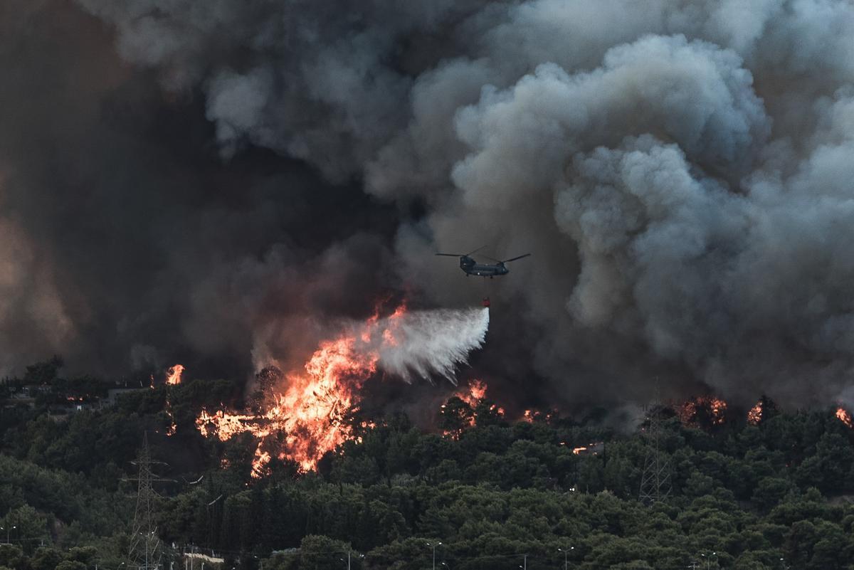 Aviones de emergencias lanzan agua en el fuego declarado en la zona de bosque de Tatoi, en Grecia.