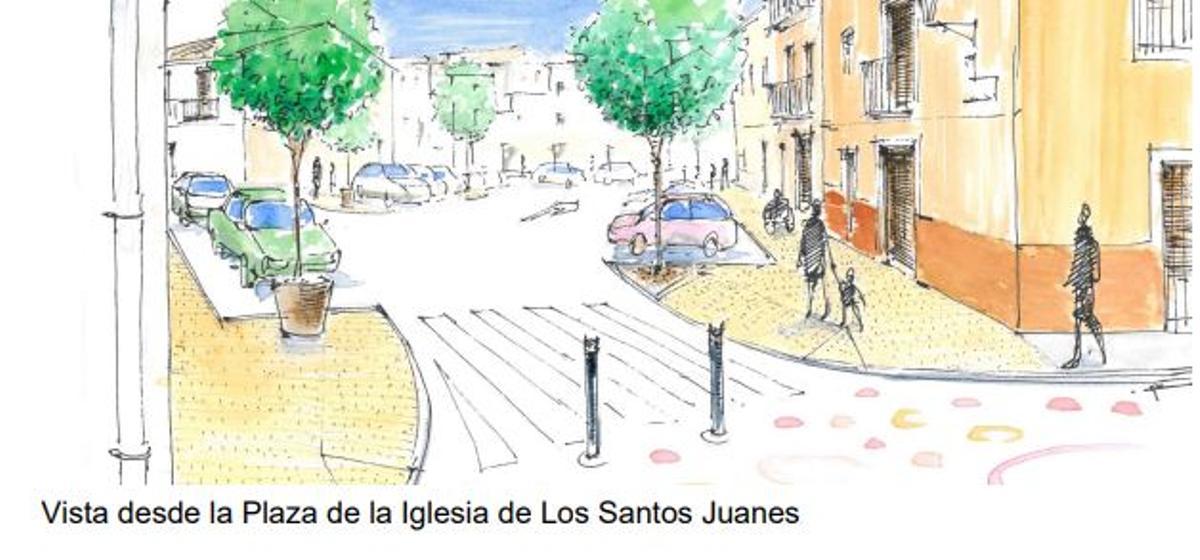 Recreación desde la plaza de la iglesia de los Santos Juanes.