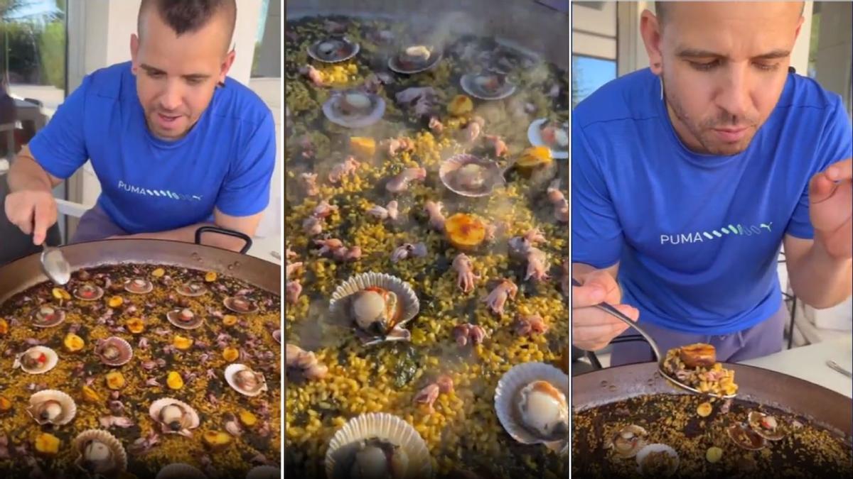 Dabiz Muñoz durante la preparación de su paella gallega con papas canarias.