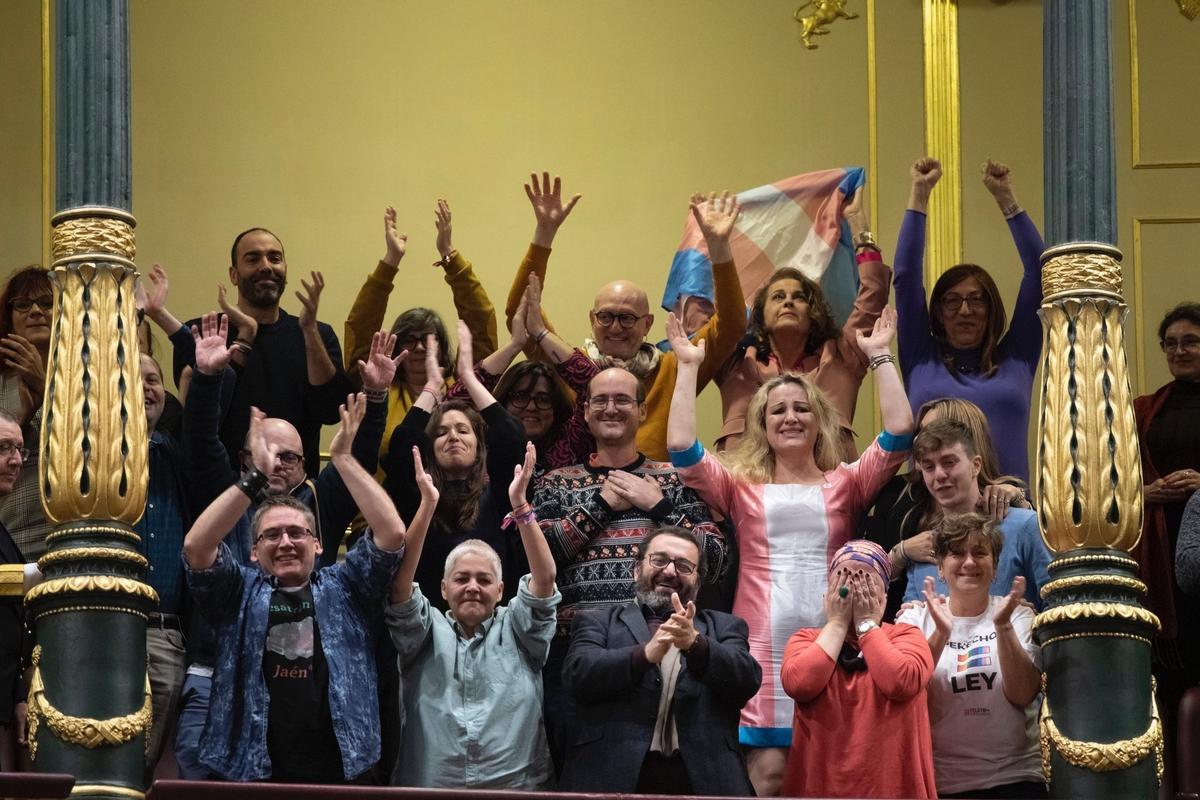 Colectivos LGTBI en el Congreso de los Diputados celebran el resultado de la votación.