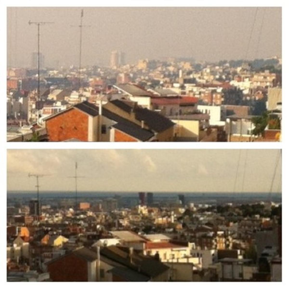 Imagen de Barcelona con y sin la nube de ceniza desde Vallcarca.