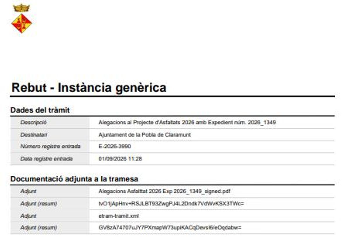 Al·legacions al pla d'asfaltat de l'Associació de Veïns del Barri del Xaró