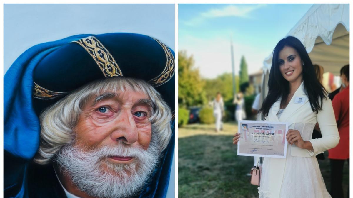 «El paje» y la artista malagueña, con el diploma acreditativo de su premio en Francia.