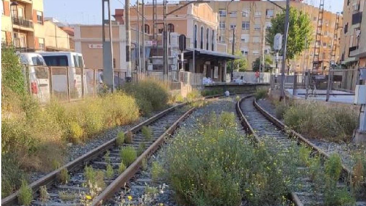 Las hierbas invaden las vías en la estación de metro de Torrent.