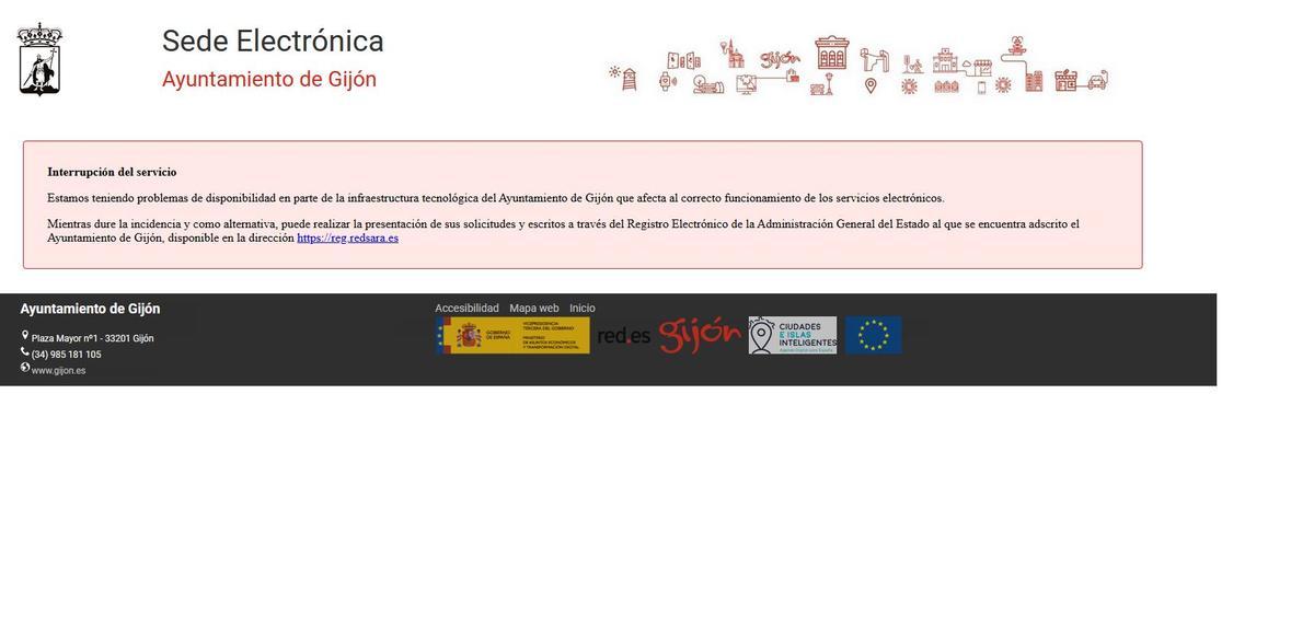 El aviso de fallo de la sede electrónica del Ayuntamiento de Gijón.