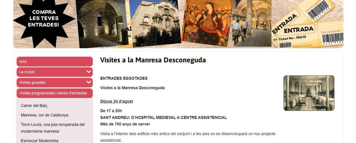 Captura de la web de l'Oficina de Turisme de Manresa on s'informa que les places per a la Visites a la Manresa Desconeguda s'han exhaurit