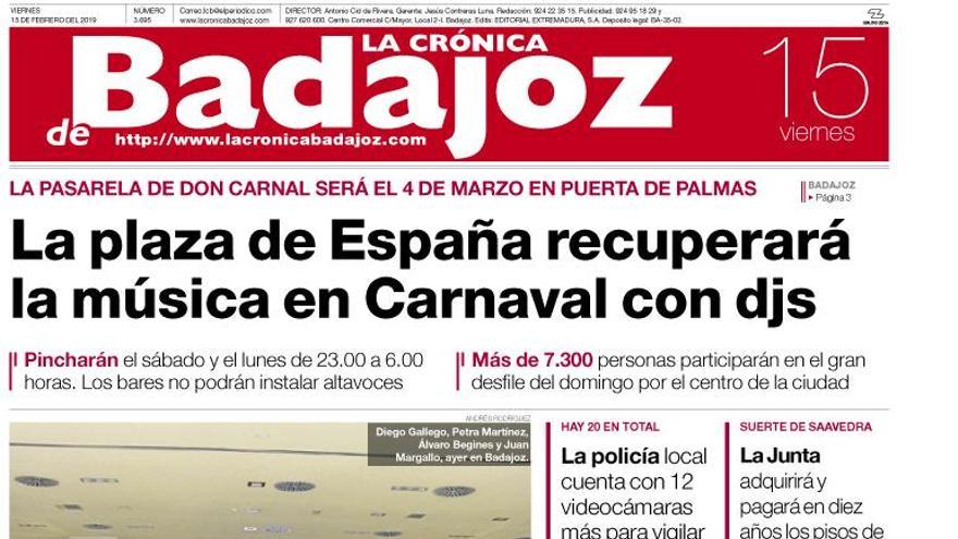 Esta es la portada de LA CRÓNICA DE BADAJOZ correspondiente al día 15 de febrero del 2019