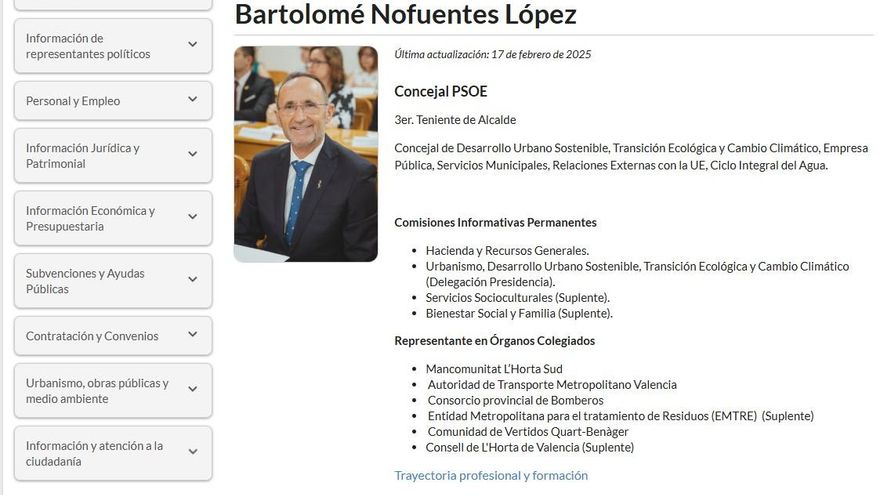 El currículum de Bartolomé Nofuentes no figura en el portal de transparencia de Quart de Poblet