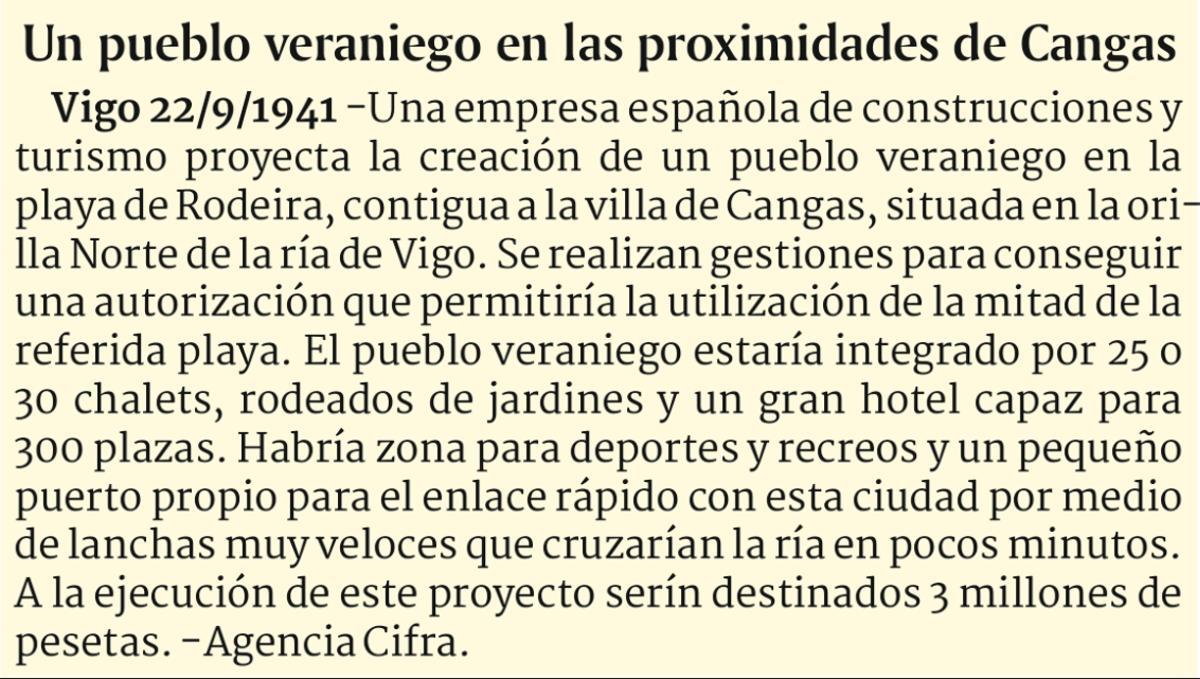 Unha nota da Agencia Cifra sobre a construcción dun &quot;pueblo veraniego en las proximidades de Cangas&quot;, datada en setembro de 1941.
