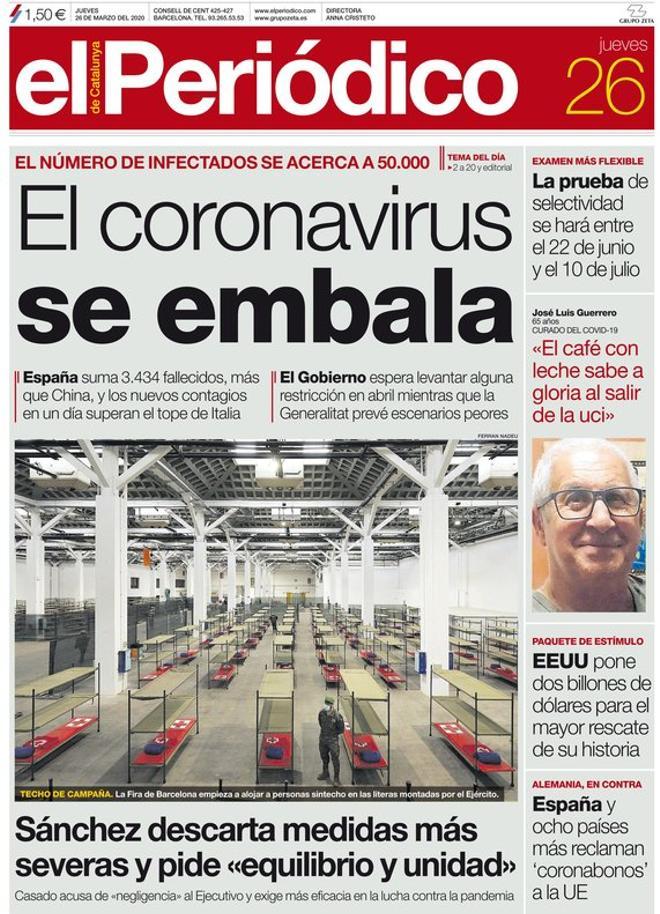 La portada de EL PERIÓDICO del 26 de marzo del 2020.